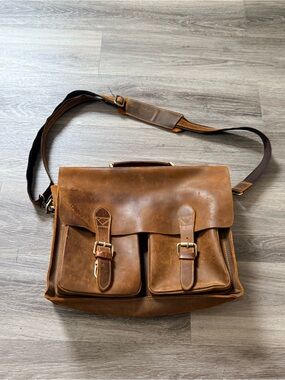 Men's Brown Leather Messenger Bag with Double Front Pockets